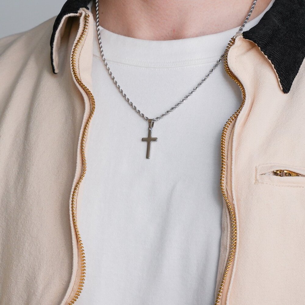 Silver Classic Cross Pendant Rope Chain Necklace